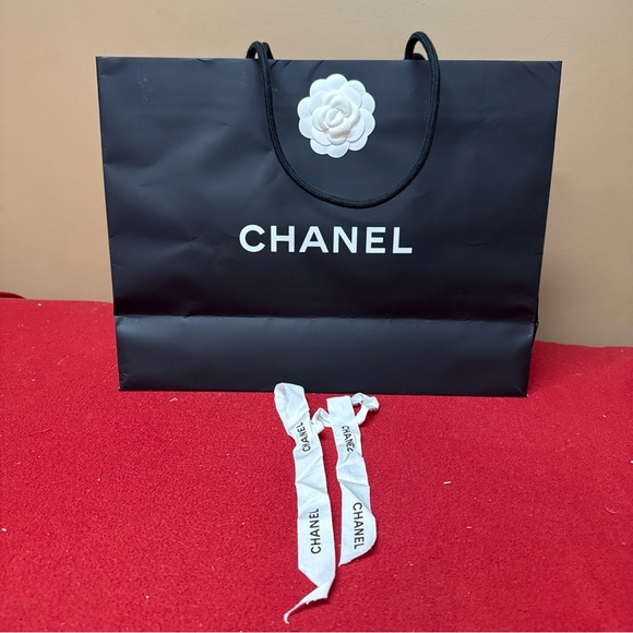 Chanel Empty Paper Black Shopping Bag Rope Handles 13” X17x6” With White Ribbon - Picture 12 of 12